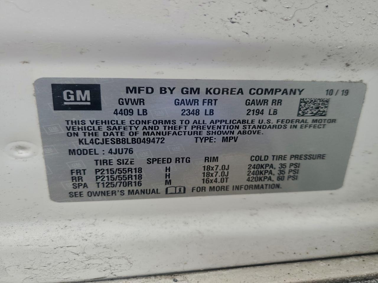 2020 Buick Encore Preferred VIN: KL4CJESB8LB049472 Lot: 94131015