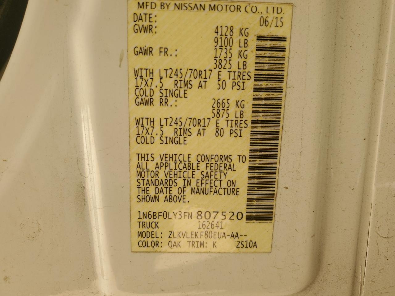 2015 Nissan Nv Delivery Van VIN: 1N6BF0LY3FN807520 Lot: 92233395