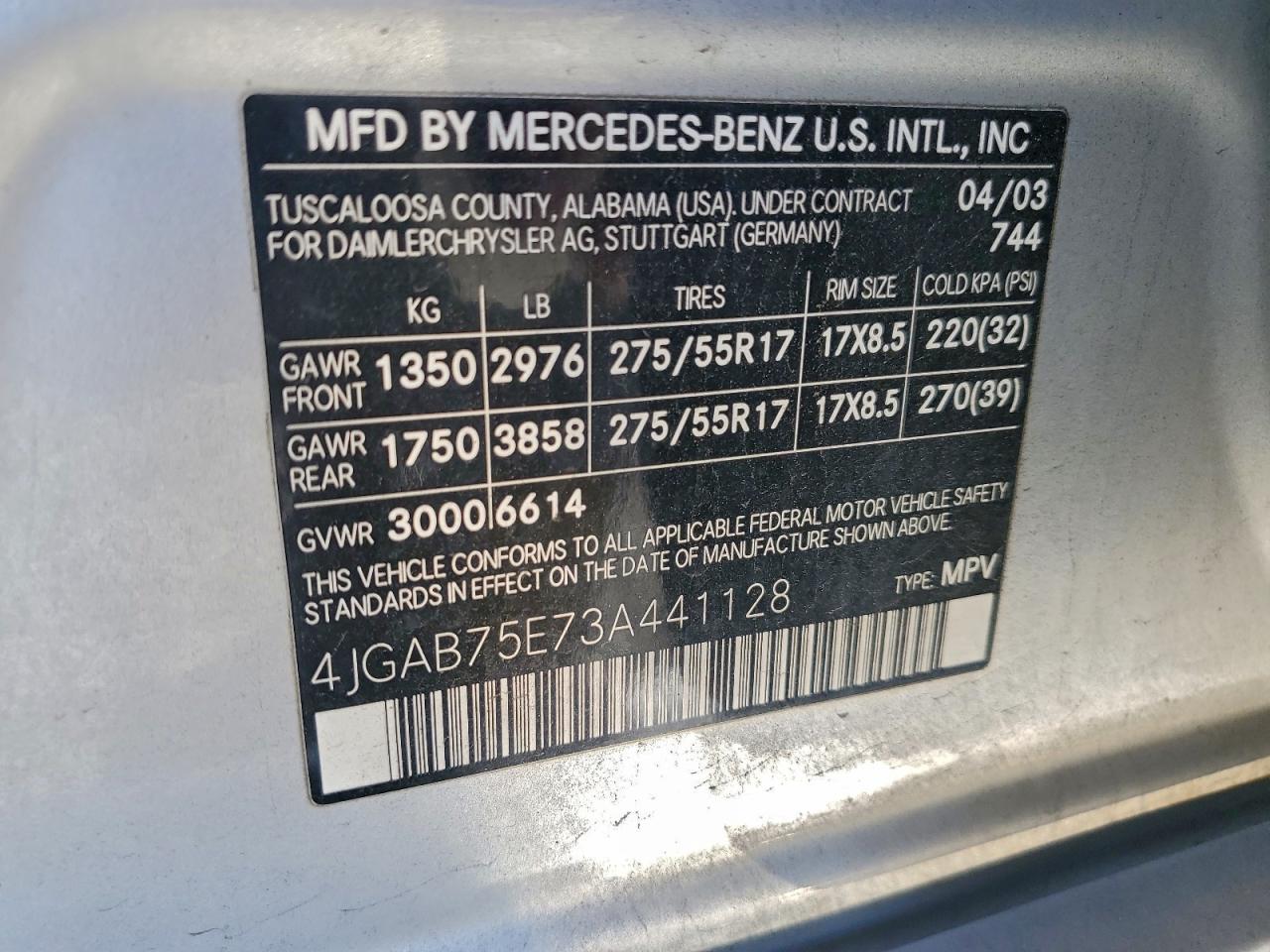 2003 Mercedes-Benz Ml 500 VIN: 4JGAB75E73A441128 Lot: 94407405