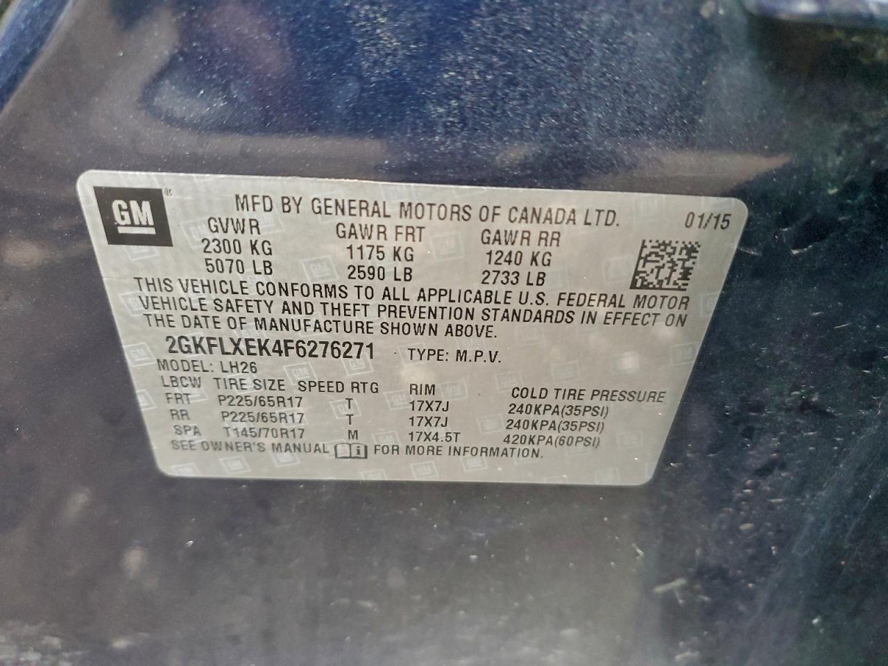 2015 GMC Terrain Slt VIN: 2GKFLXEK4F6276271 Lot: 94044275