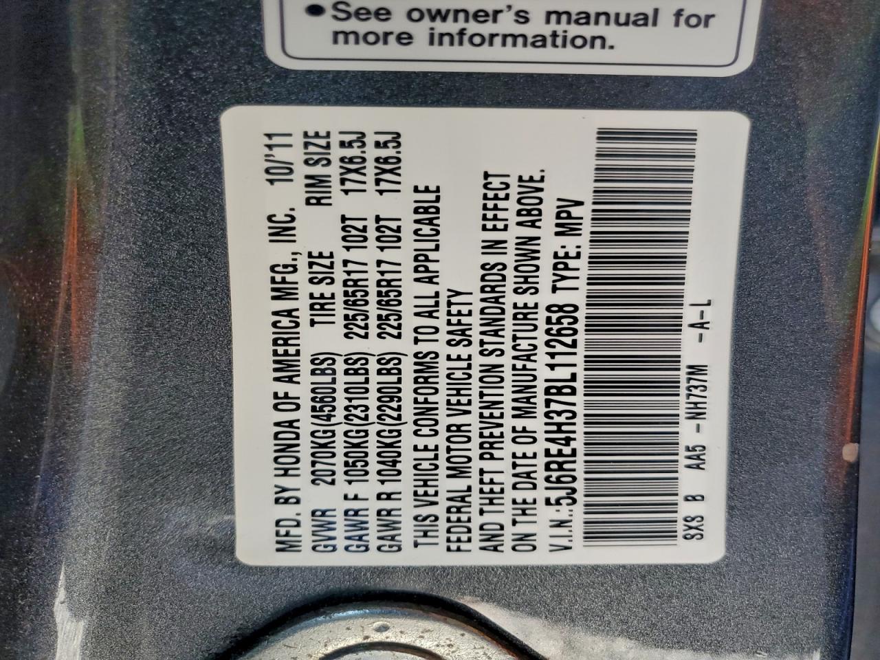 2011 Honda Cr-V Lx VIN: 5J6RE4H37BL112658 Lot: 94200935