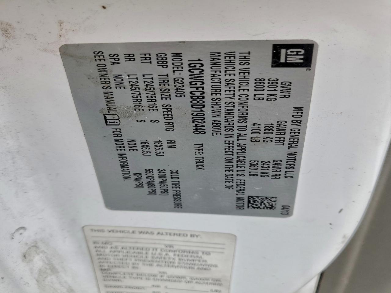 2013 Chevrolet Express G2500 VIN: 1GCWGFCB8D1902448 Lot: 94552905