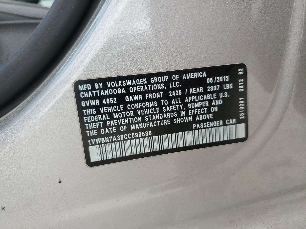 2012 Volkswagen Passat Se VIN: 1VWBN7A35CC099586 Lot: 92953105