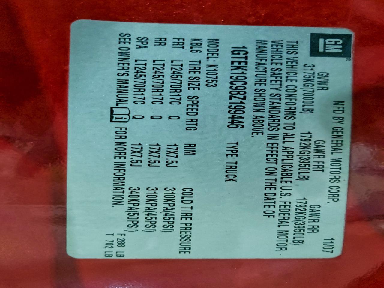 2008 GMC Sierra K1500 VIN: 1GTEK19C98Z199446 Lot: 93888245