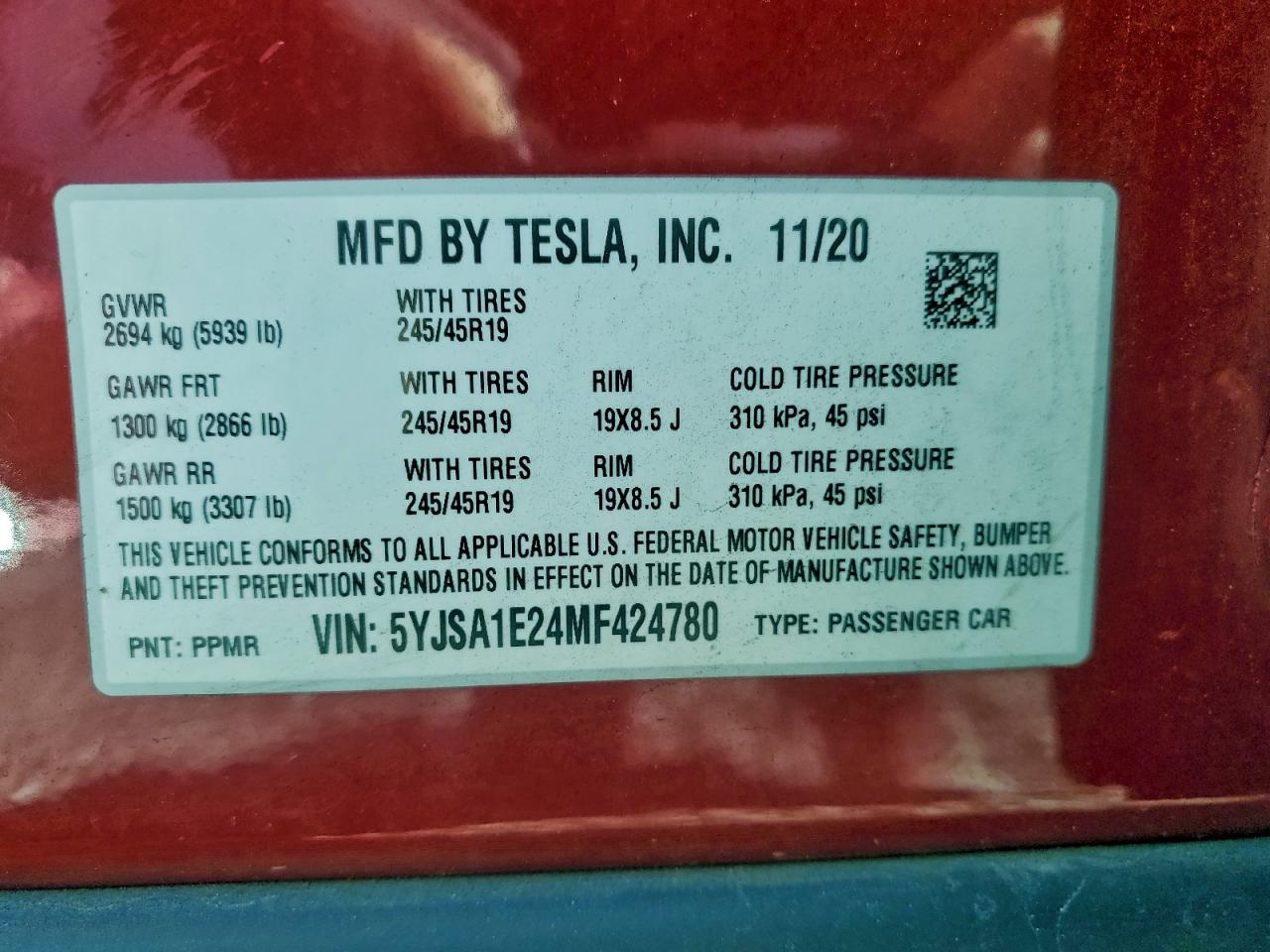 2021 Tesla Model S VIN: 5YJSA1E24MF424780 Lot: 93434905