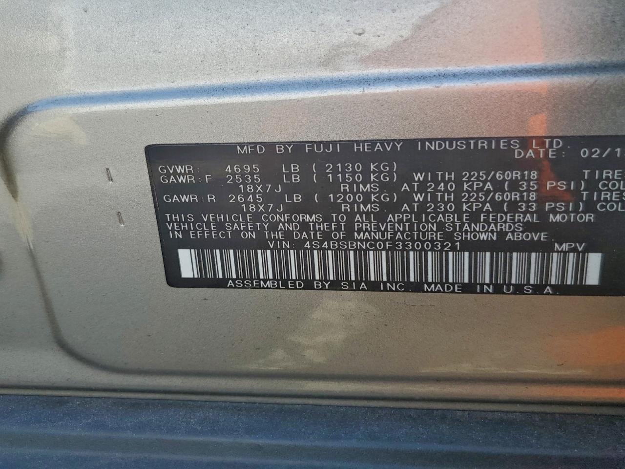 2015 Subaru Outback 2.5I Limited VIN: 4S4BSBNC0F3300321 Lot: 94683175