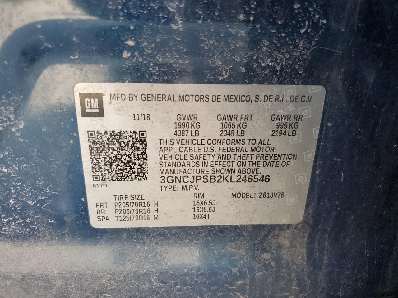 2019 Chevrolet Trax 1Lt VIN: 3GNCJPSB2KL246546 Lot: 92883135