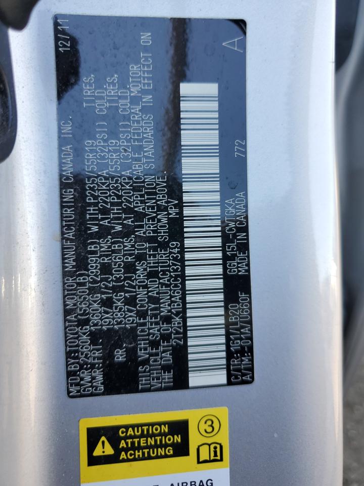 2012 Lexus Rx 350 VIN: 2T2BK1BA6CC137349 Lot: 92433385