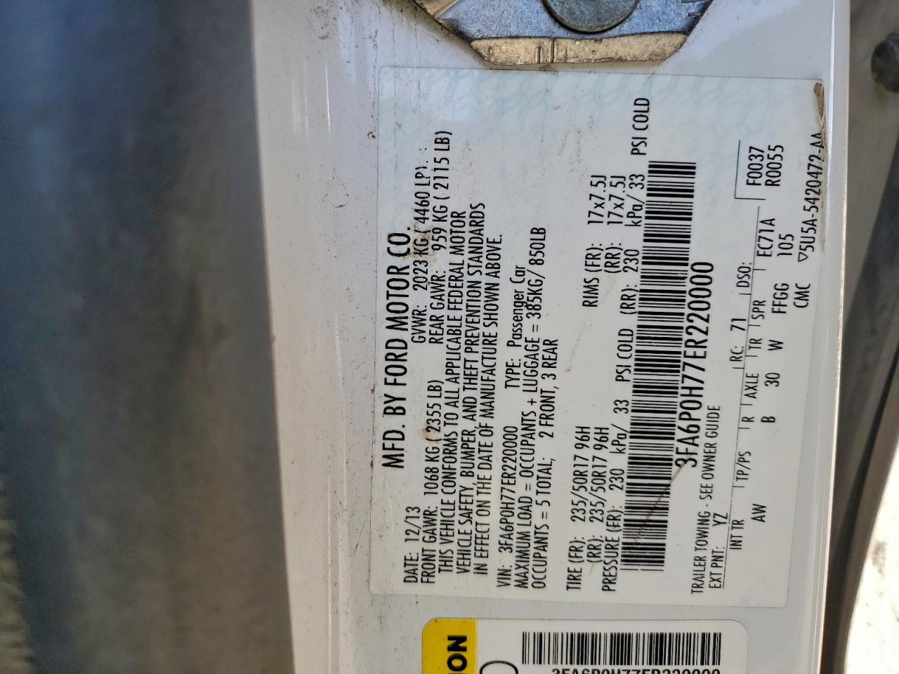 2014 Ford Fusion Se VIN: 3FA6P0H77ER220000 Lot: 94178425