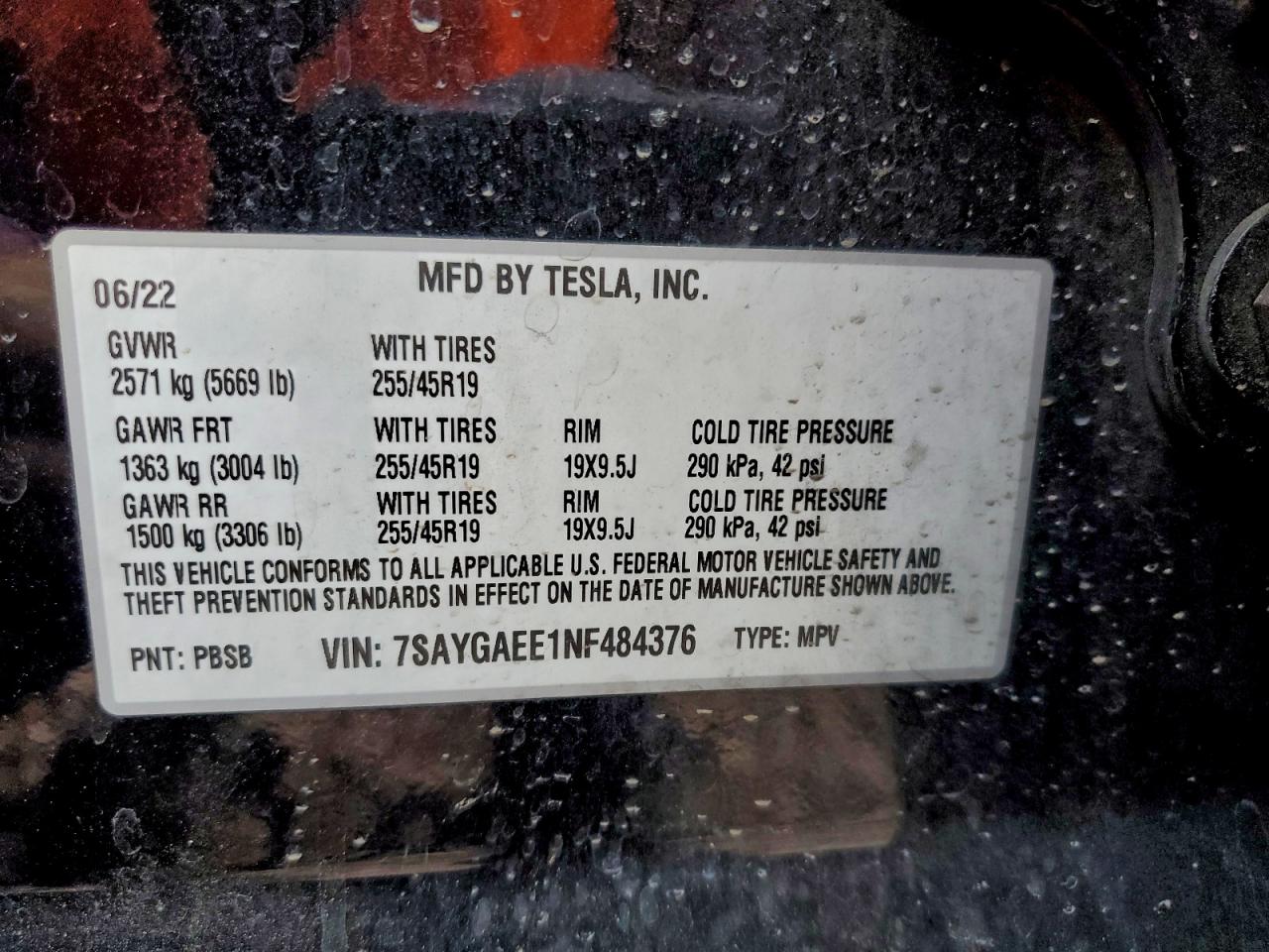 2022 Tesla Model Y VIN: 7SAYGAEE1NF484376 Lot: 93355755