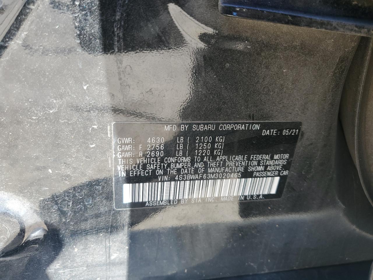 2021 Subaru Legacy Premium VIN: 4S3BWAF63M3020465 Lot: 91658265