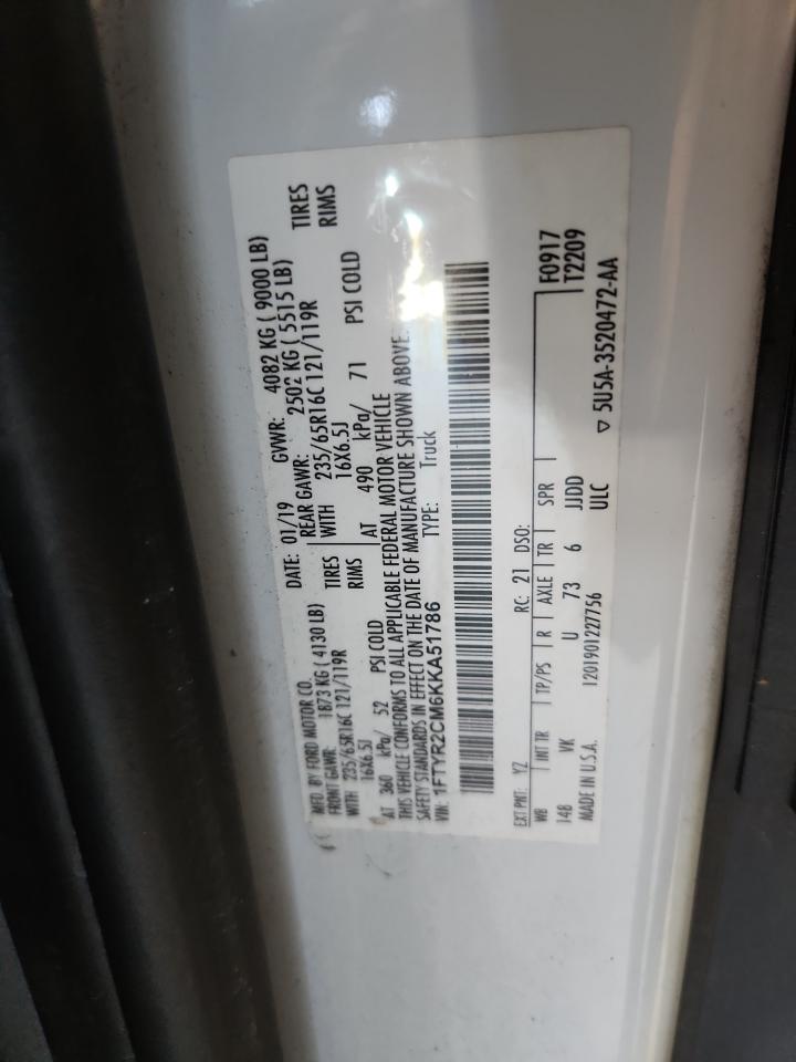 2019 Ford Transit Delivery Van VIN: 1FTYR2CM6KKA51786 Lot: 92418555