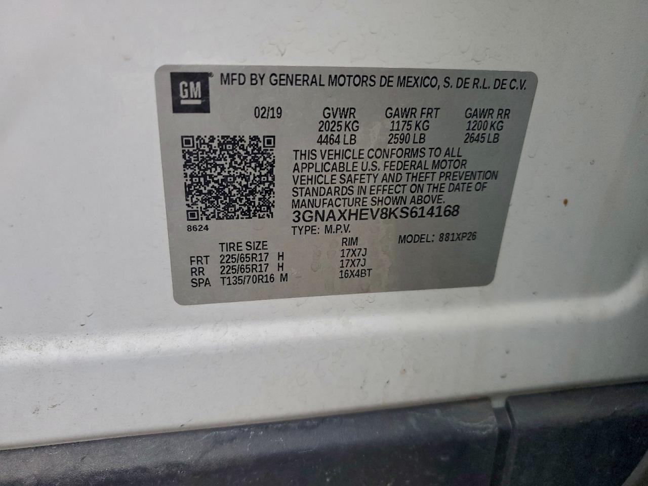 2019 Chevrolet Equinox Ls VIN: 3GNAXHEV8KS614168 Lot: 94535535