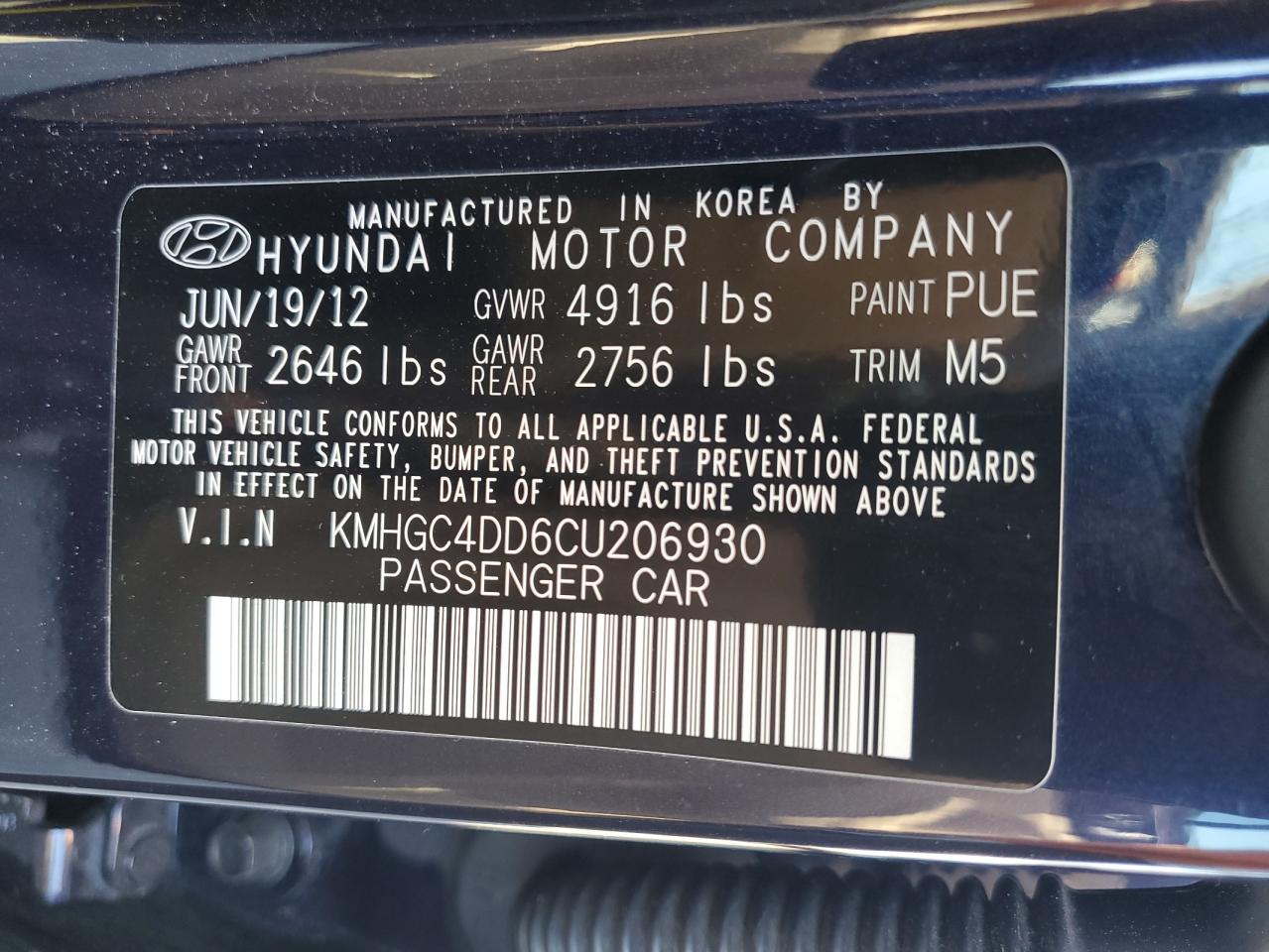 2012 Hyundai Genesis 3.8L VIN: KMHGC4DD6CU206930 Lot: 92570305