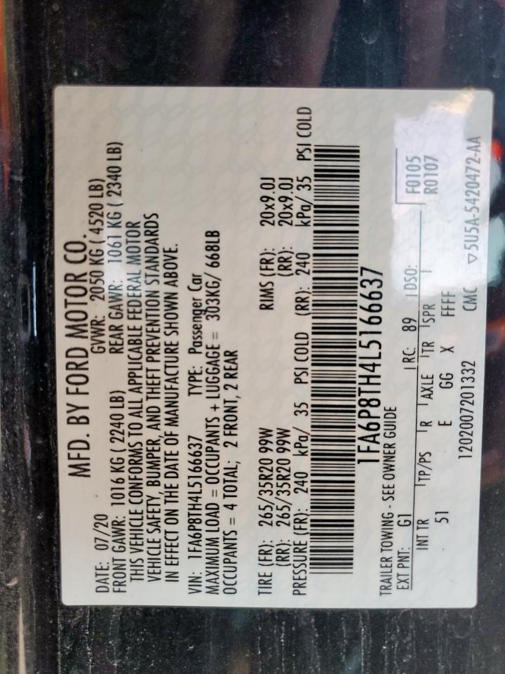 2020 Ford Mustang VIN: 1FA6P8TH4L5166637 Lot: 91012905