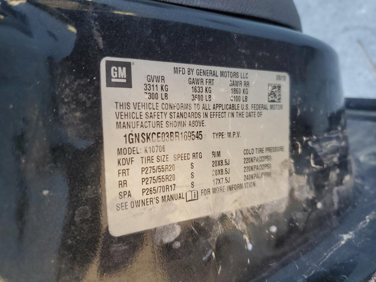 2011 Chevrolet Tahoe K1500 Ltz VIN: 1GNSKCE03BR169545 Lot: 92632285