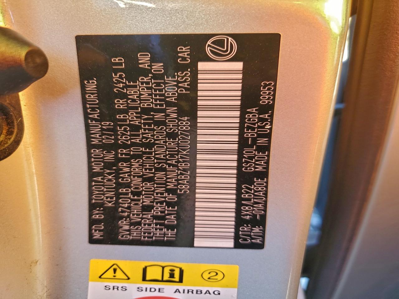 2019 Lexus Es 350 VIN: 58ABZ1B17KU027884 Lot: 94312545