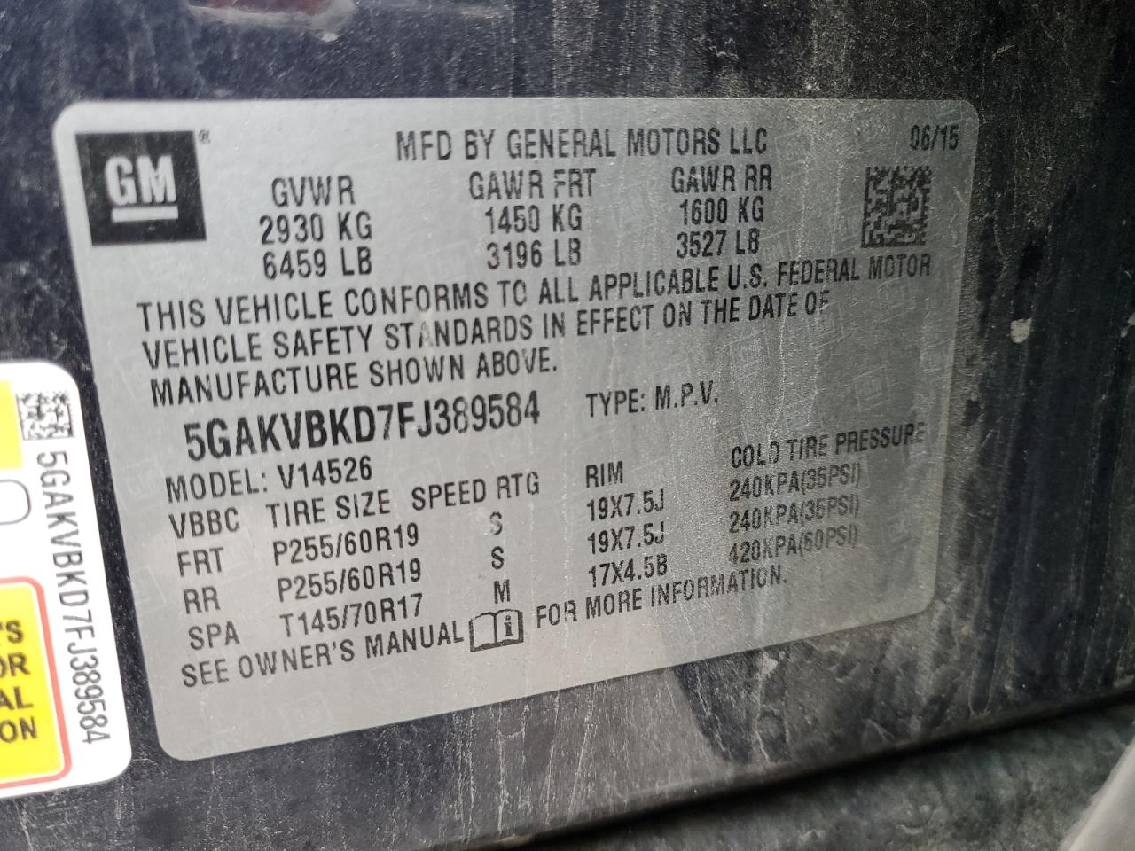 2015 Buick Enclave VIN: 5GAKVBKD7FJ389584 Lot: 93325815