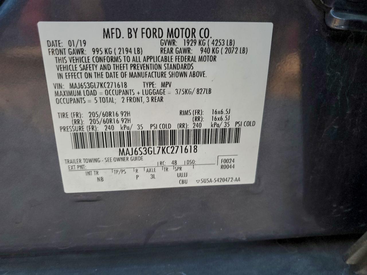 2019 Ford Ecosport Se VIN: MAJ6S3GL7KC271618 Lot: 94726895