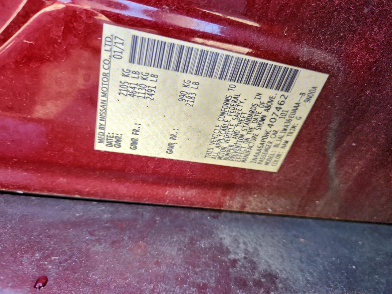 2017 Nissan Maxima 3.5S VIN: 1N4AA6AP0HC407462 Lot: 94536425