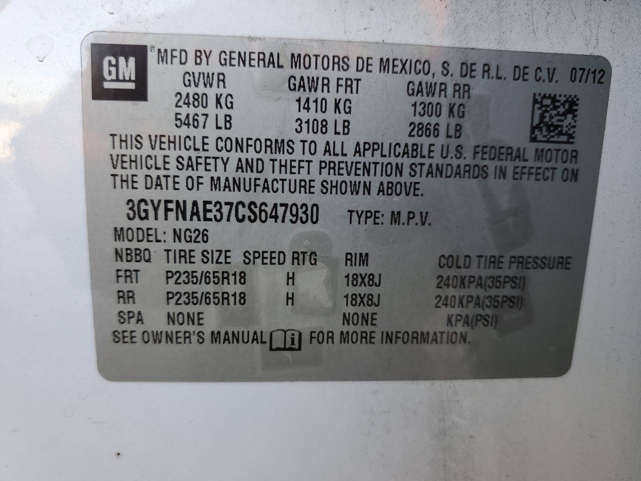 2012 Cadillac Srx Luxury Collection VIN: 3GYFNAE37CS647930 Lot: 91708105