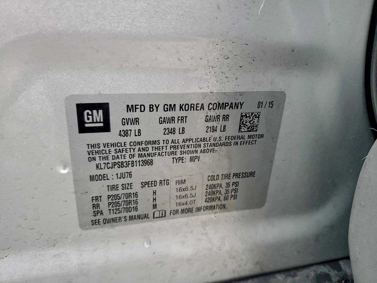 2015 Chevrolet Trax 1Ls VIN: KL7CJPSB3FB113968 Lot: 94420925