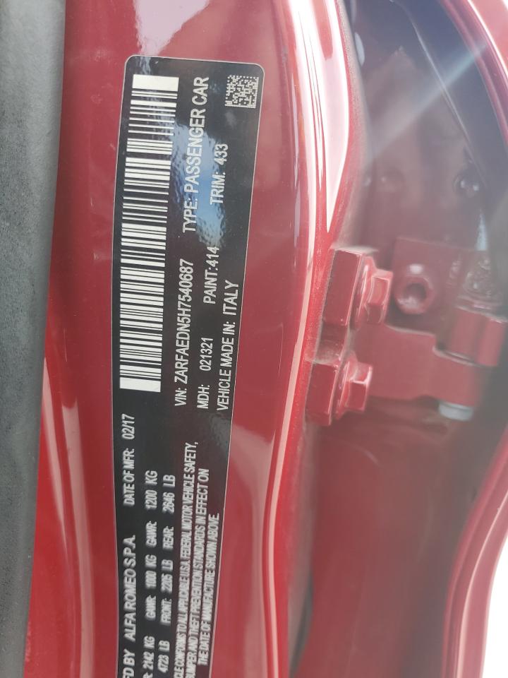 2017 Alfa Romeo Giulia Q4 VIN: ZARFAEDN5H7540687 Lot: 92615675