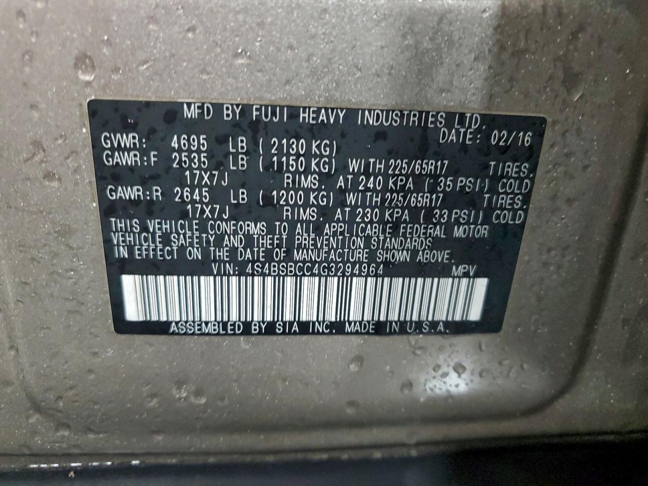 2016 Subaru Outback 2.5I Premium VIN: 4S4BSBCC4G3294964 Lot: 94489745