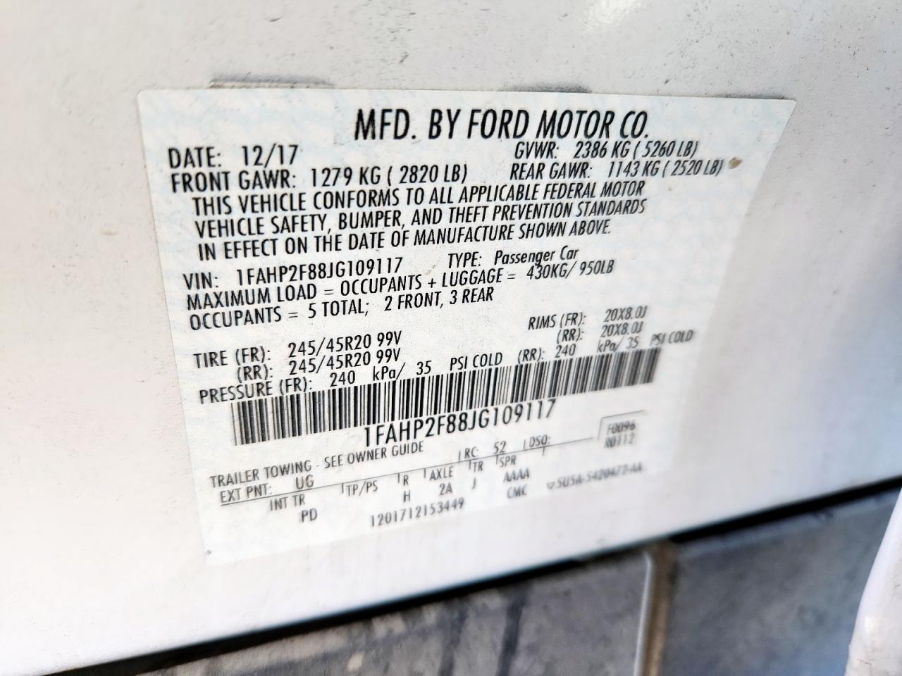 2018 Ford Taurus Limited VIN: 1FAHP2F88JG109117 Lot: 91187615