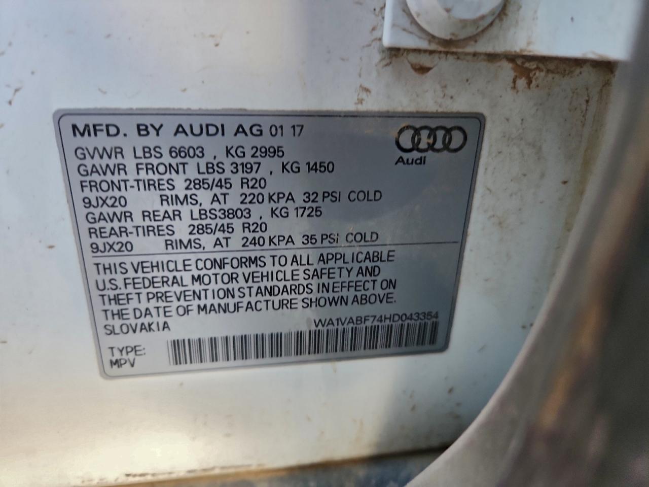 2017 Audi Q7 Prestige VIN: WA1VABF74HD043354 Lot: 93835855