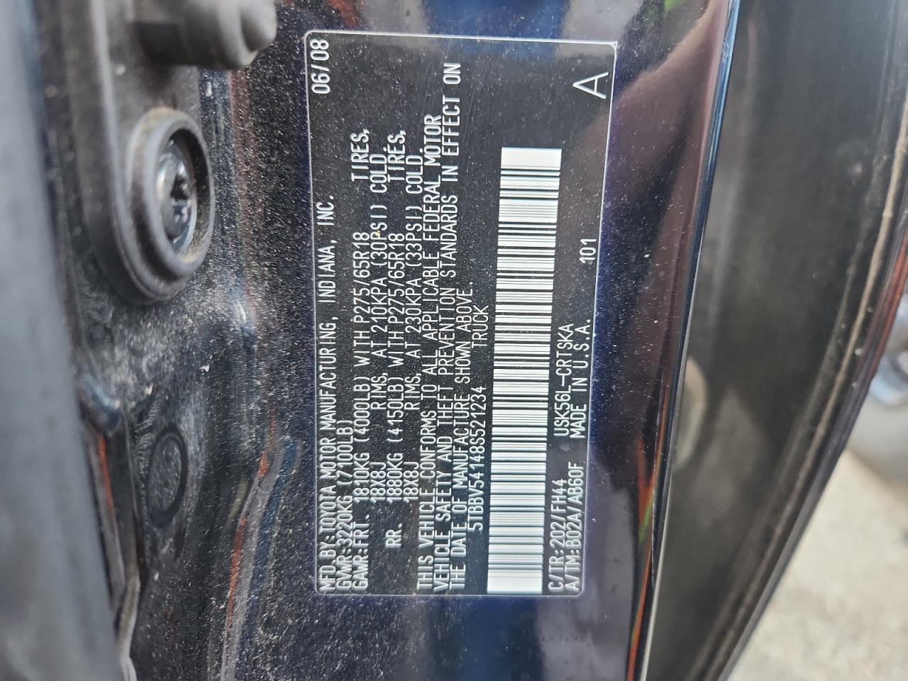 2008 Toyota Tundra Double Cab VIN: 5TBBV54148S521234 Lot: 91018425