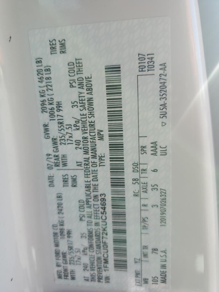 2019 Ford Escape S VIN: 1FMCU0F72KUC54693 Lot: 91088415