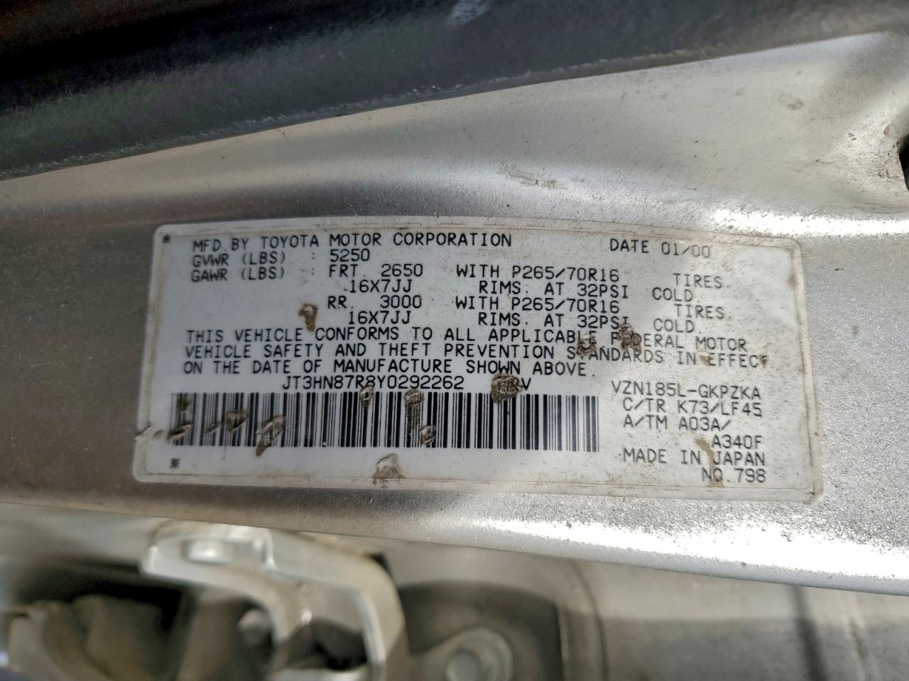 2000 Toyota 4Runner Limited VIN: JT3HN87R8Y0292262 Lot: 93757105