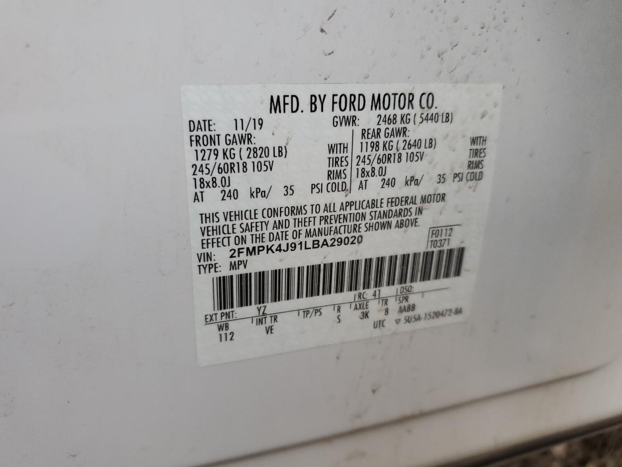 2020 Ford Edge Sel VIN: 2FMPK4J91LBA29020 Lot: 91716865