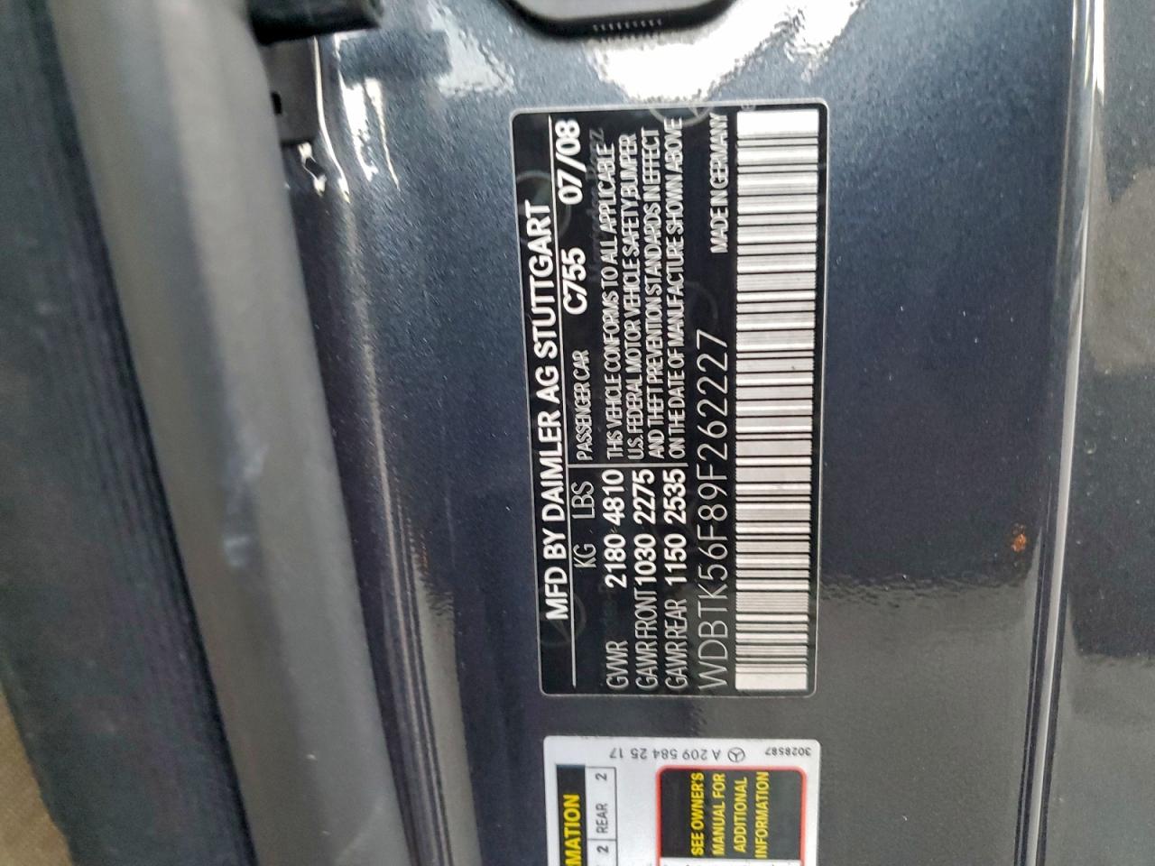 2009 Mercedes-Benz Clk 350 VIN: WDBTK56F89F262227 Lot: 94449855