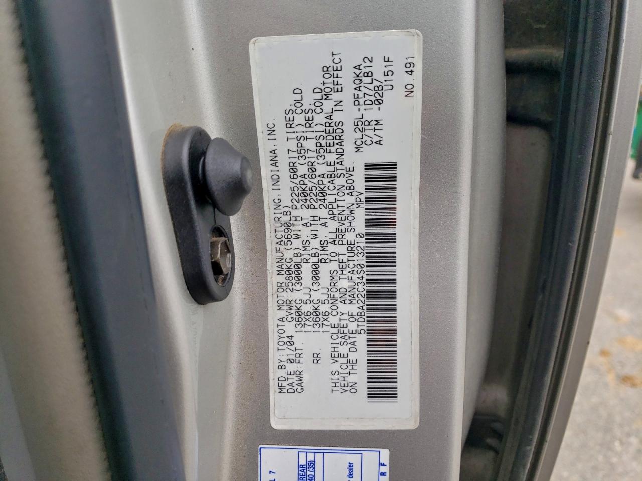 2004 Toyota Sienna Xle VIN: 5TDBA22C34S013210 Lot: 94001955