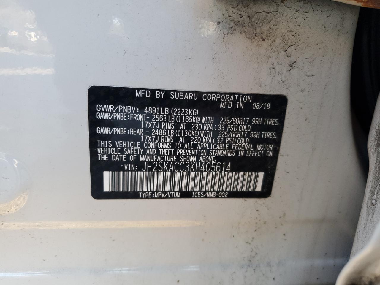 2019 Subaru Forester VIN: JF2SKACC3KH405614 Lot: 93651455