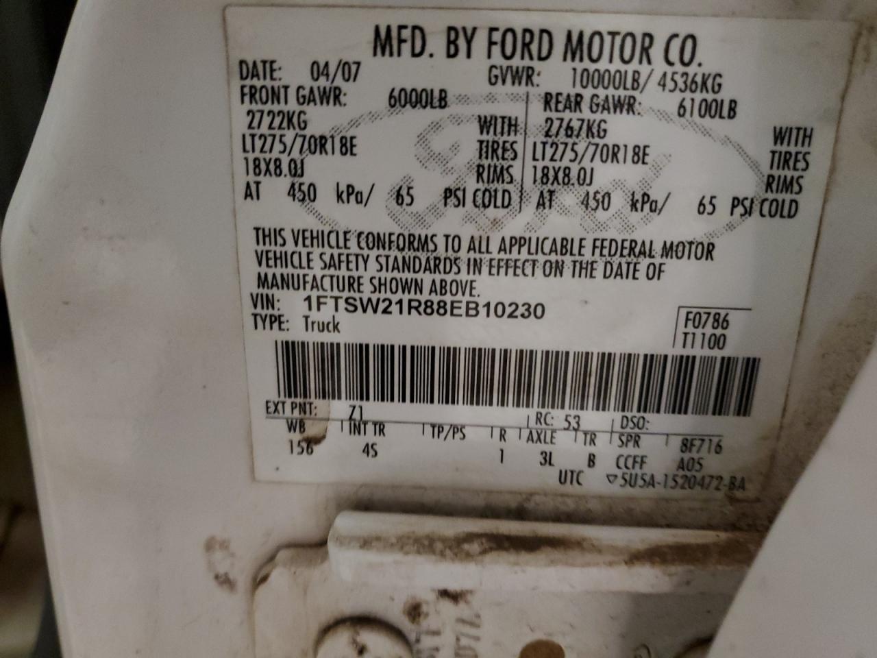 2008 Ford F250 Super Duty VIN: 1FTSW21R88EB10230 Lot: 93204415