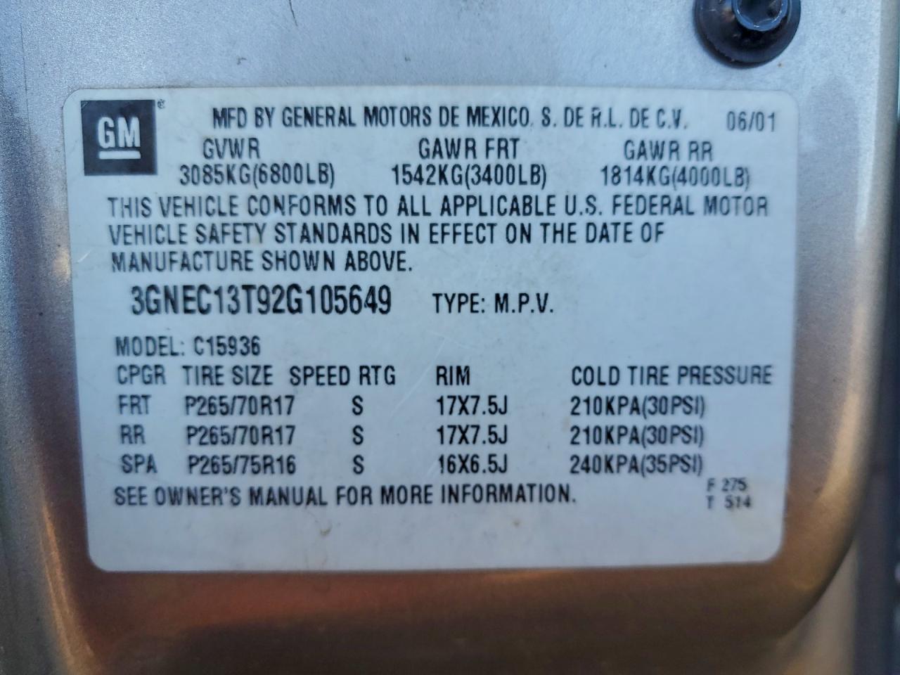 2002 Chevrolet Avalanche C1500 VIN: 3GNEC13T92G105649 Lot: 93955945