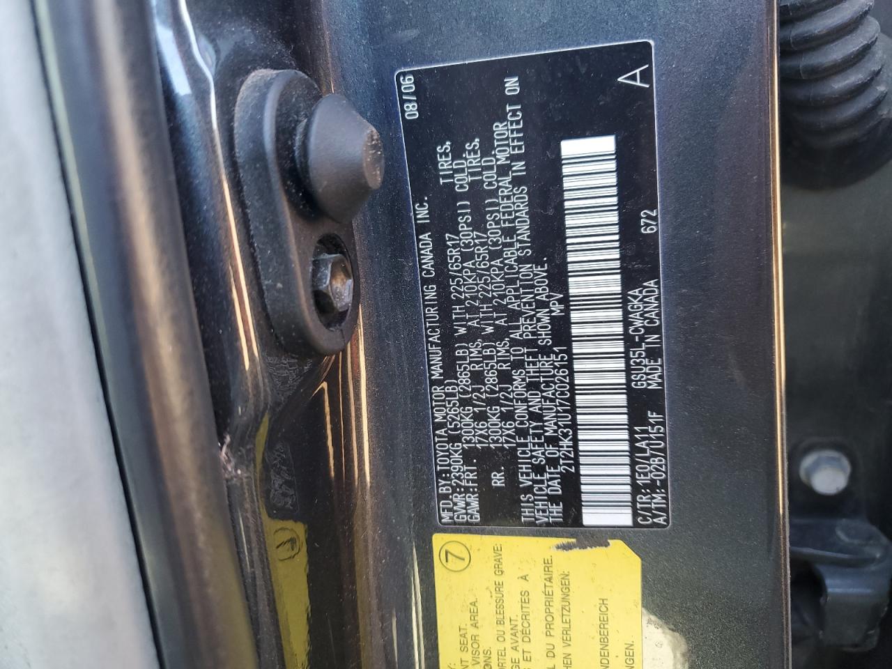 2007 Lexus Rx 350 VIN: 2T2HK31U17C026151 Lot: 92063415