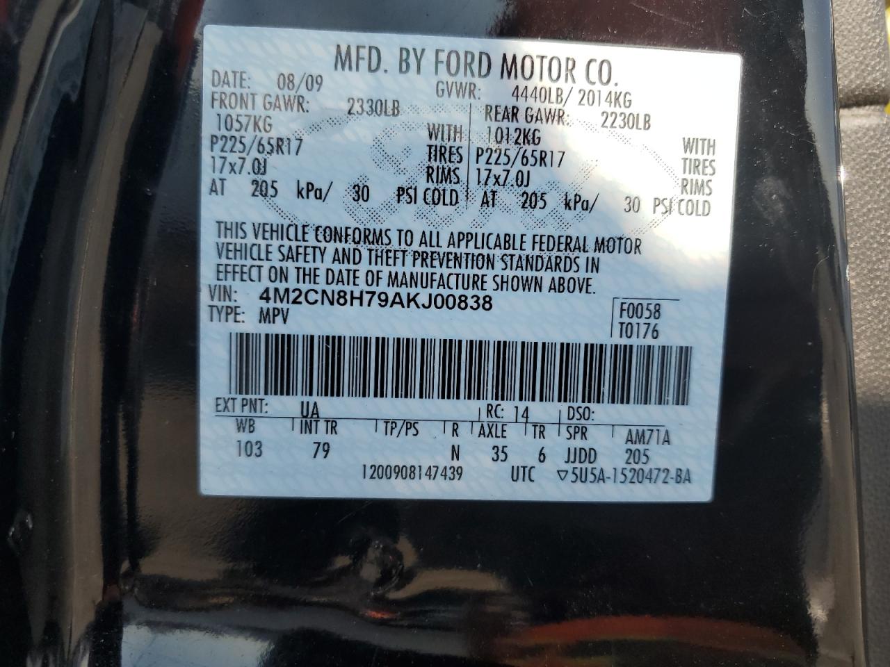 2010 Mercury Mariner Premier VIN: 4M2CN8H79AKJ00838 Lot: 93223675