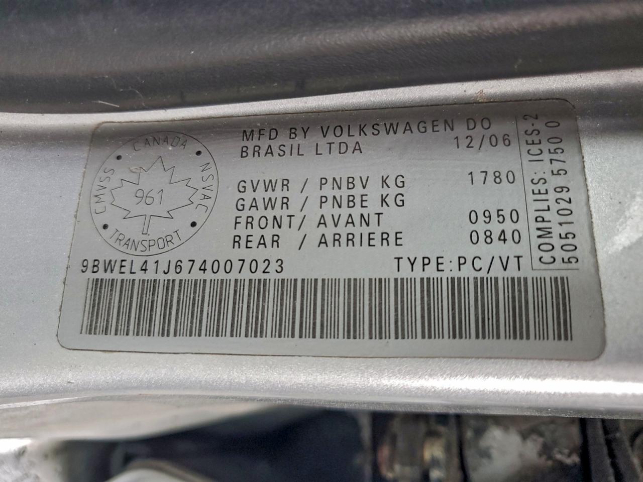 2007 Volkswagen City Golf VIN: 9BWEL41J674007023 Lot: 92302055