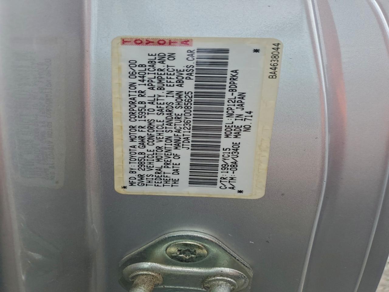 2000 Toyota Echo VIN: JTDAT1236Y0085625 Lot: 94246655