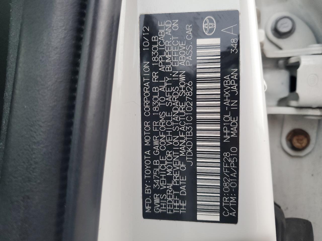 2012 Toyota Prius C VIN: JTDKDTB31C1027826 Lot: 93455385