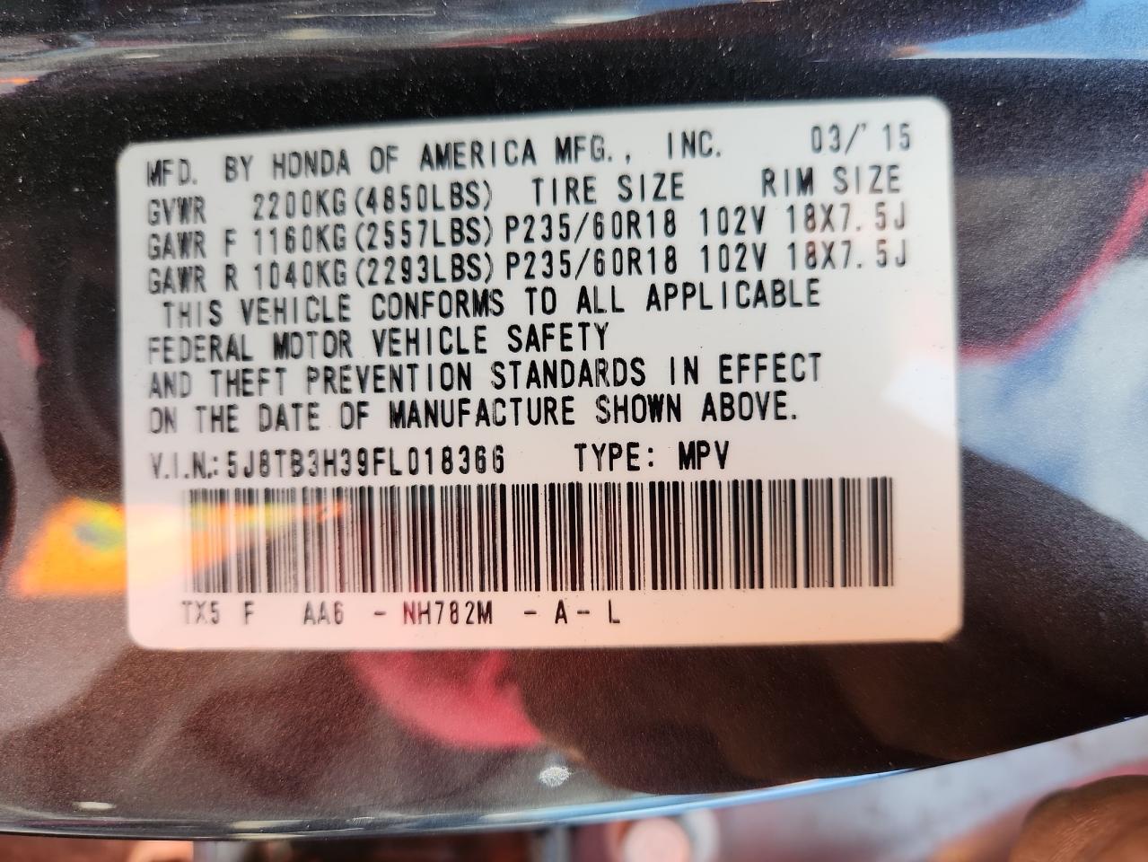 2015 Acura Rdx VIN: 5J8TB3H39FL018366 Lot: 92277775