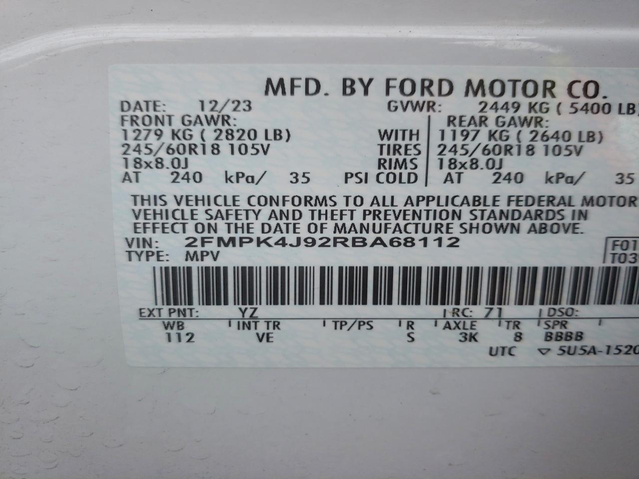 2024 Ford Edge Sel VIN: 2FMPK4J92RBA68112 Lot: 94364735