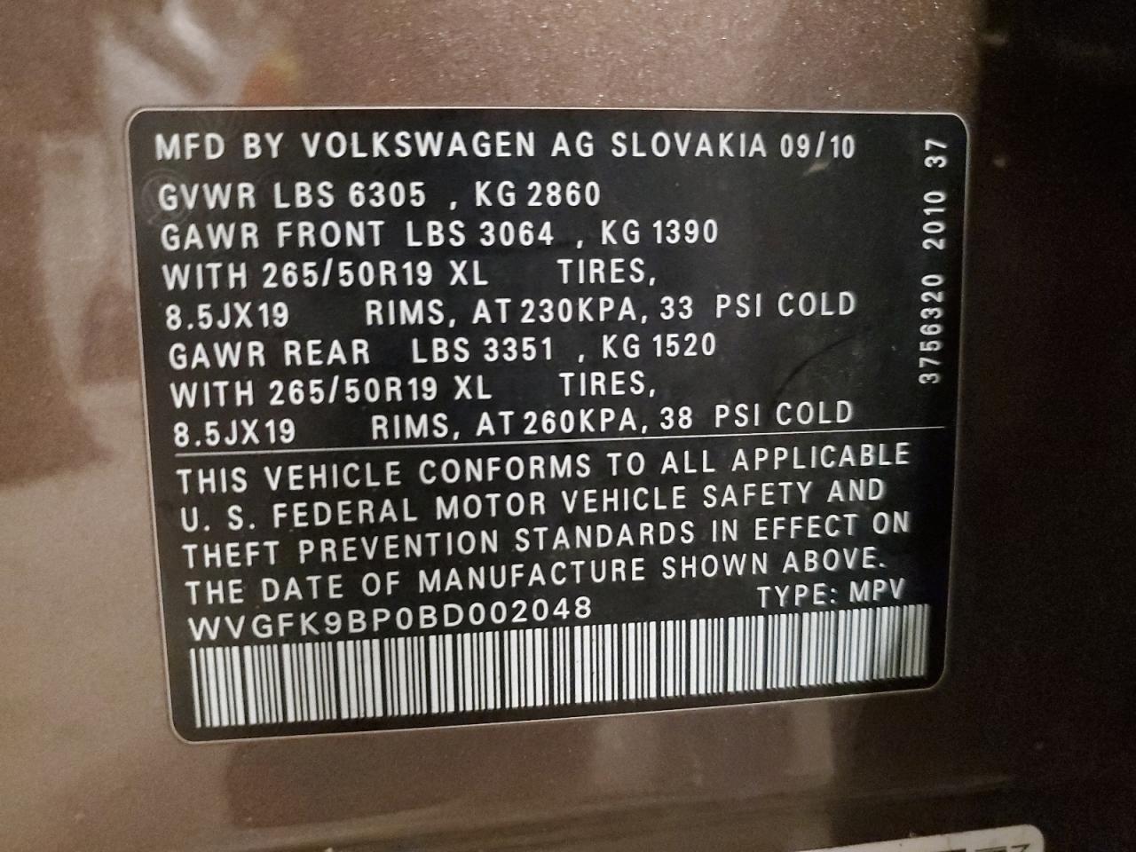 2011 Volkswagen Touareg V6 Tdi VIN: WVGFK9BP0BD002048 Lot: 93319085