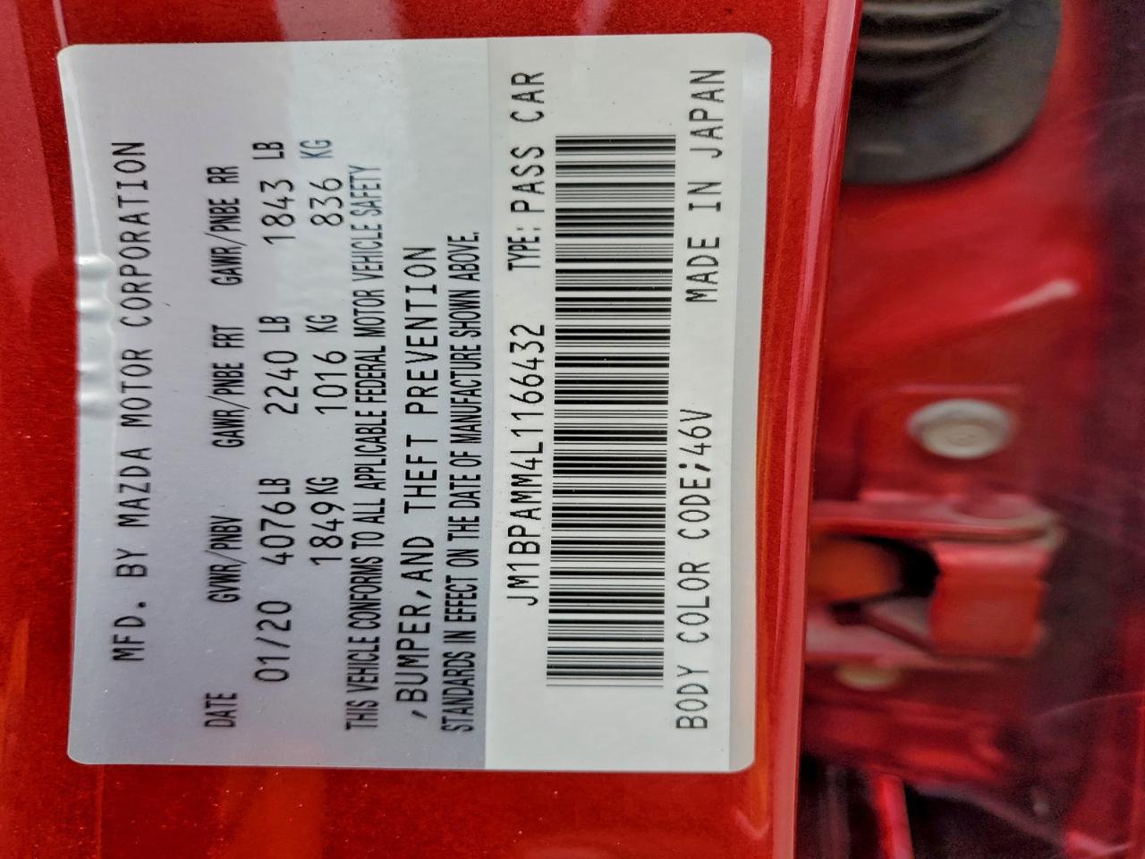 2020 Mazda 3 Preferred VIN: JM1BPAMM4L1166432 Lot: 93620825