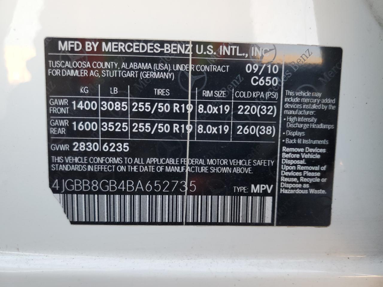 2011 Mercedes-Benz Ml 350 4Matic VIN: 4JGBB8GB4BA652735 Lot: 91605535