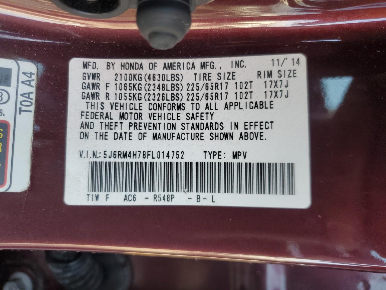 2015 Honda Cr-V Exl VIN: 5J6RM4H78FL014752 Lot: 92615805